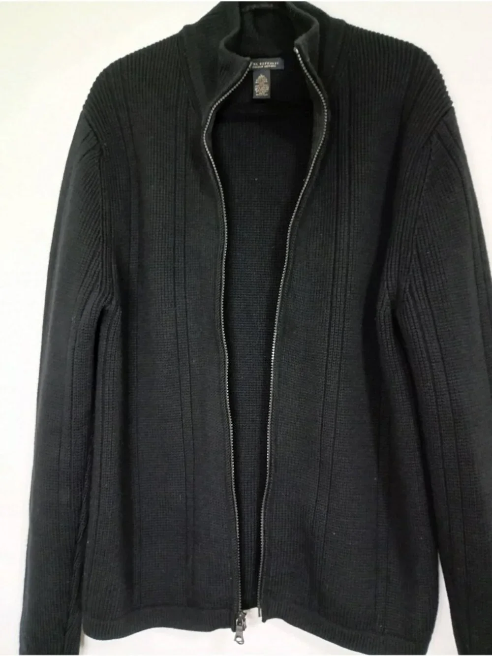 Banana Republic Mens Black Full-Zip Ribbed Knit Sweater size L Merino 100% Wool